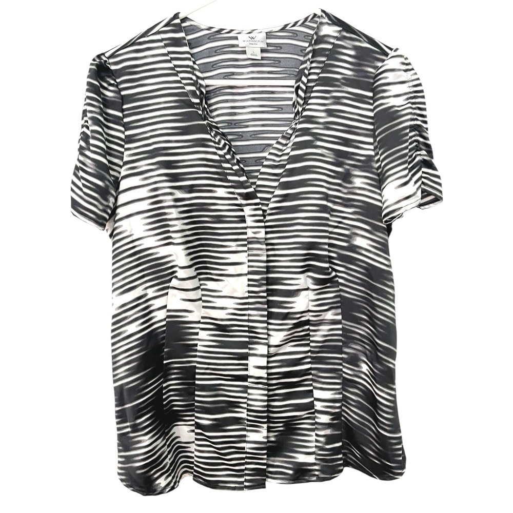 Worthington L Black White Stripe Blouse Button Front V-Neck Officecore Mod Chic